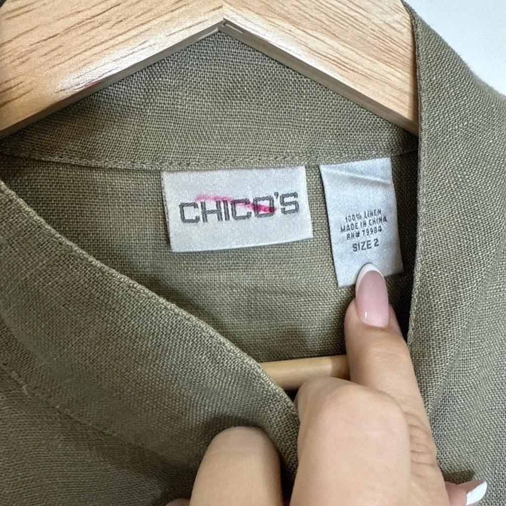 Chicos 100% Linen Button Up Tunic Top L Green Band Collar Sustainable Lagenlook - Picture 3 of 4